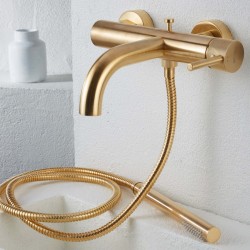 Μπαταρία Λουτρού Armando Vicario Industrial Brushed Gold 512100-201 Χρυσή με Tηλέφωνο Anticalcare, Επίτοιχο Στήριγμα Τηλεφώνου και Άθραυστο Σπιράλ 1,5m